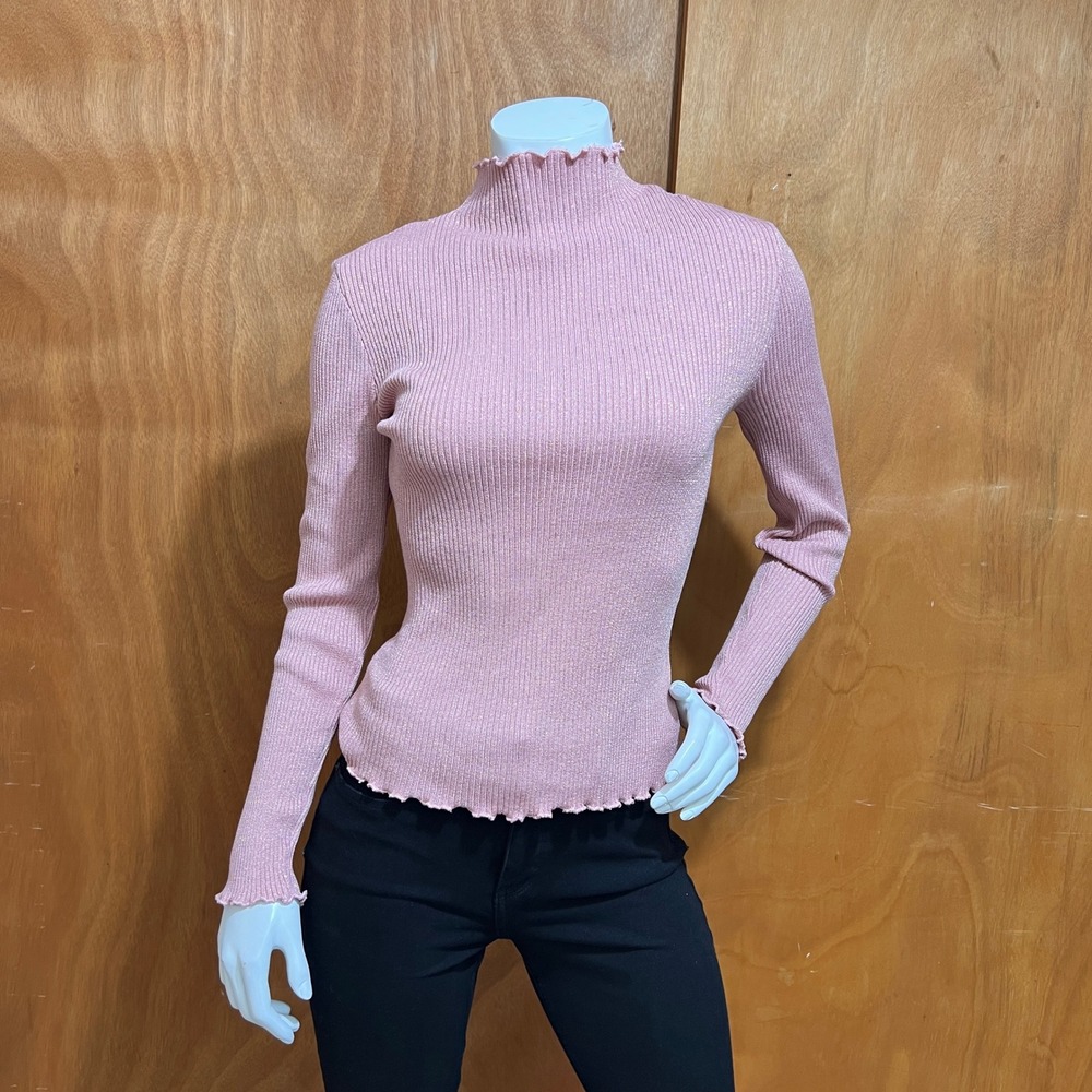Crave Fame Pink Metallic Metallic Top Womens Large Lettuce Trim Ribbed Mock Neck